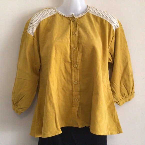 ZARA BASICS Winter Mustard Gold Cotton Corduroy Crochet Button Shirt Blouse Top - Picture 7 of 16